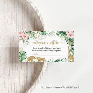 May include: A baby shower diaper raffle card with gold text and illustrations of a giraffe, elephant, and leaves. The card reads "diaper raffle" and invites guests to bring diapers for a chance to win a prize. Pink roses and green leaves decorate the top.