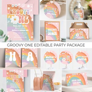 Editable Groovy ONE Birthday Invitation Pink Daisy Rainbow Groovy Van ...