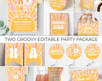 Editable Groovy Party Decorations Daisy Party Package Birthday Invitations Bundle Retro Hippie Template Digital Instant Download, G114