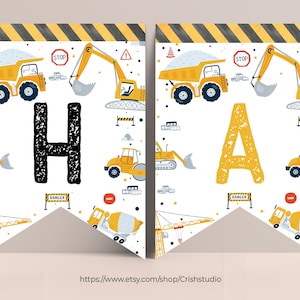 May include: Construction themed banner with the letters "HA" in yellow and "H" in black. The banner is decorated with a white background and yellow construction vehicles, including dump trucks, excavators, and cement mixers.