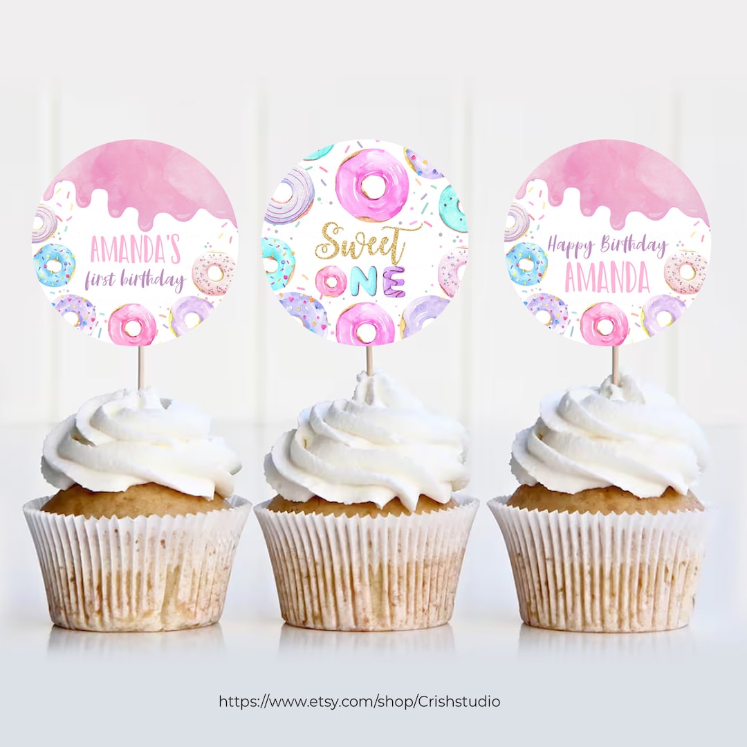 Sweet One Birthday Cupcake Toppers Donut Birthday Editable Donut ...