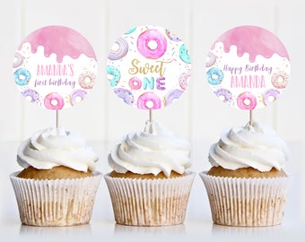Sweet One Birthday Cupcake Toppers Donut Birthday Editable Donut Birthday Party First Birthday Custom Cake Toppe Birthday Girl D001
