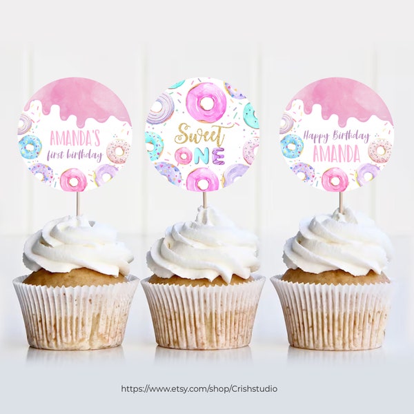 Sweet One Birthday Cupcake Toppers Donut Anniversaire Modifiable Donut Fête d’anniversaire Premier anniversaire Gâteau personnalisé Toppe Anniversaire Fille D001