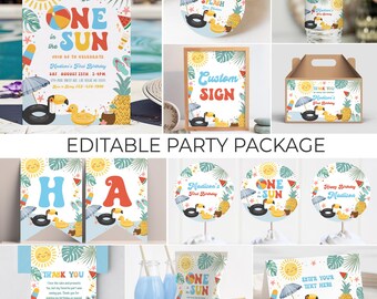 Op de afbeelding: Een verzameling feestartikelen met een zomerthema. Inclusief uitnodigingen, banners, cadeaulabels, waterfleslabels en meer. Ontwerpen bevatten een lachende zon, toekans, eenden en tropische elementen. De tekst "ONE in the SUN" is zichtbaar op verschillende items.