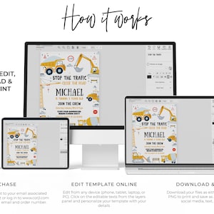 May include: A digital mockup showing how to edit, download, and share a construction-themed birthday invitation. The invitation features a yellow dump truck, an excavator, and the text "Stop the Traffic Close the Road Michael is turning 3 years old Join the Crew".