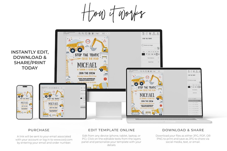 May include: A digital mockup showing how to edit, download, and share a construction-themed birthday invitation. The invitation features a yellow dump truck, an excavator, and the text "Stop the Traffic Close the Road Michael is turning 3 years old Join the Crew".