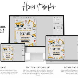 May include: A digital mockup showing how to edit, download, and share a construction-themed birthday invitation. The invitation features a yellow dump truck, an excavator, and the text "Stop the Traffic Close the Road" with the child's name and age. The invitation is shown on a computer screen, a laptop, and a smartphone.