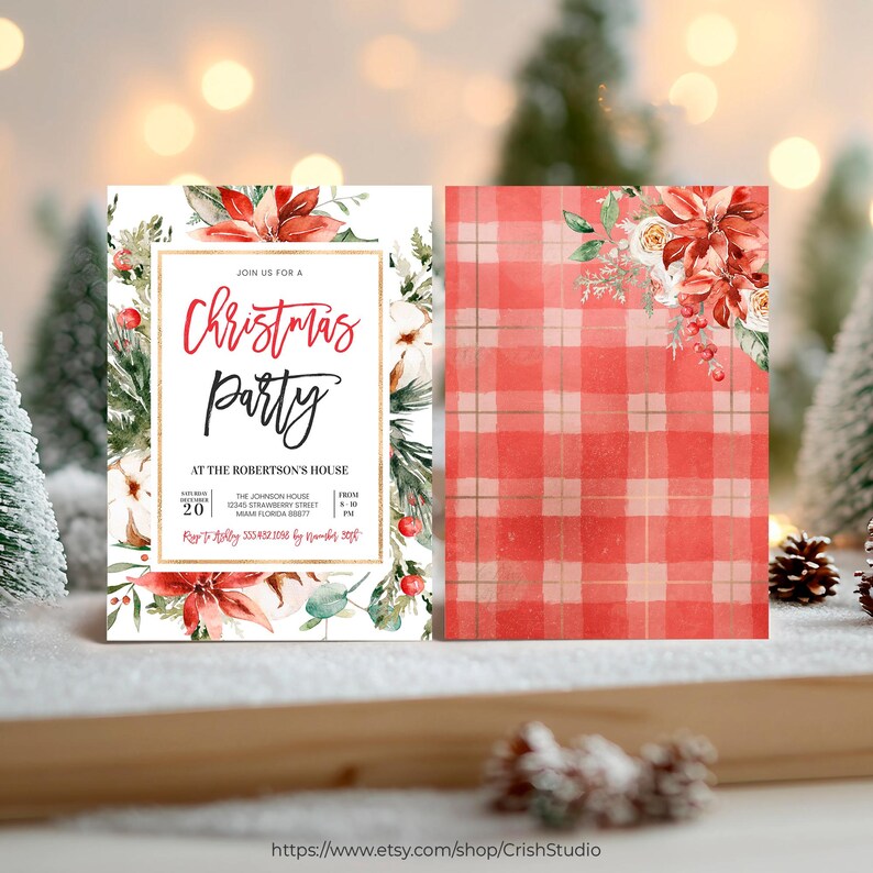 May include: A Christmas party invitation with a red and white plaid background and a watercolor floral design. The invitation text reads "Join us for a Christmas Party at the Robertson's House".