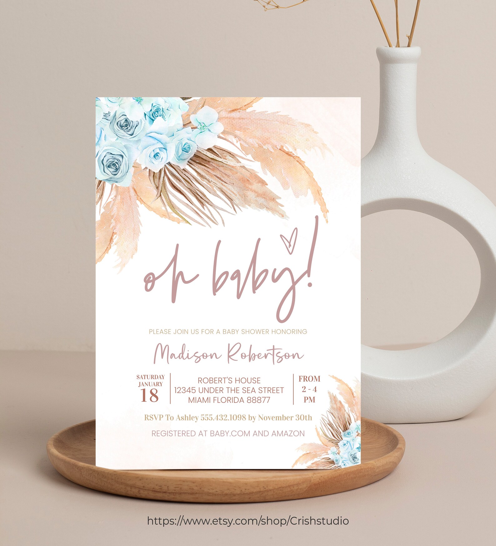 Editable Boho Pampas Grass Baby Shower Invitation Bohemian BOY Baby ...