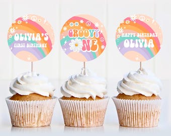 EDITABLE Groovy ONE Cupcake Toppers First Birthday Groovy Party Birthday Cake Topper Groovy Baby Groovy Party Decor G102