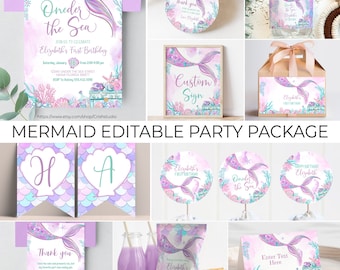 Modifiable Oneder The Sea Birthday Package Décor de fête d&#39;anniversaire Décorations de fête Paquet d&#39;anniversaire Party Printables Kit de fête M101