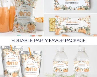 May include: Editable party favour package with a pumpkin theme. The package includes labels for juice boxes, water bottles, snack bags, and favour bags. The labels feature a watercolour design with pumpkins, leaves, and flowers. The text on the labels reads "Our little pumpkin is turning one" and "Katherine's First Birthday".