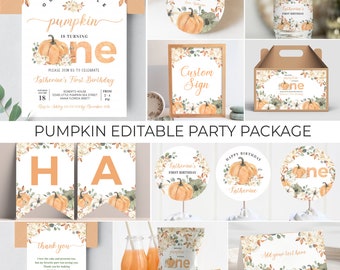 May include: A printable party package for a first birthday with a pumpkin theme. The package includes a banner, invitations, thank you cards, water bottle labels, favour bags, cupcake toppers, and a sign. The design features a watercolour pumpkin, floral elements, and the text "one".
