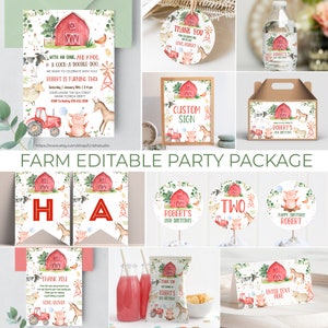 May include: A printable party package with a farm theme. The package includes a variety of items, such as invitations, banners, cupcake toppers, and favor tags. The items feature a red barn, farm animals, and the text "Robert's 2nd Birthday".