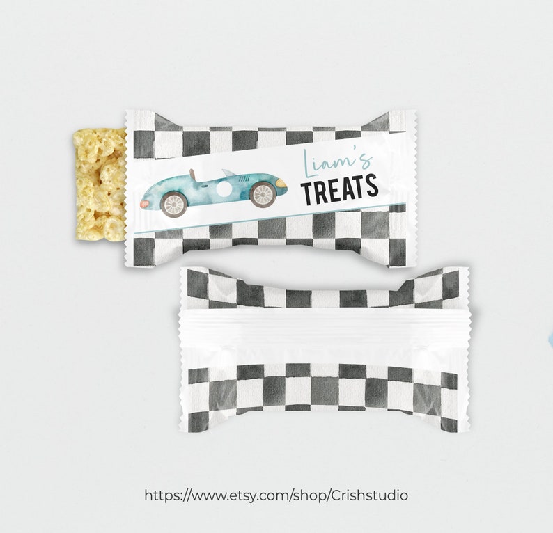 May include: A white treat bag with a black and white checkered pattern. The bag has a label with a blue car and the text "Liam's Treats".