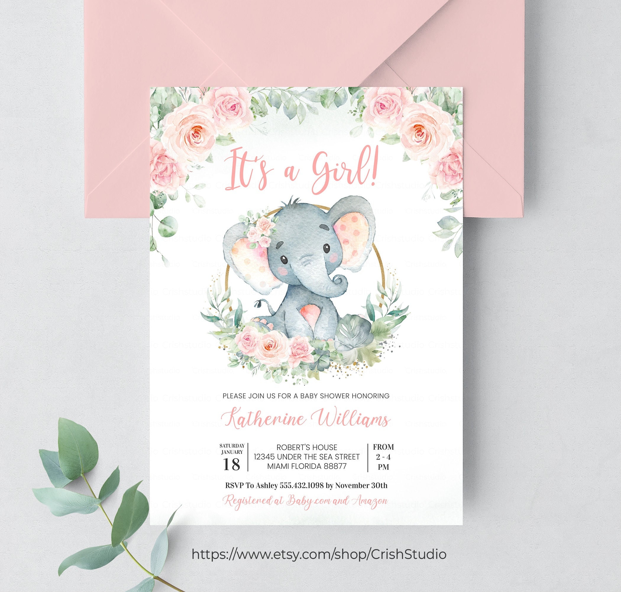 EDITABLE Its A Girl Elephant Baby Shower Invitation Elephant Invitation Its a girl Girl Baby Shower Baby Shower Card E102