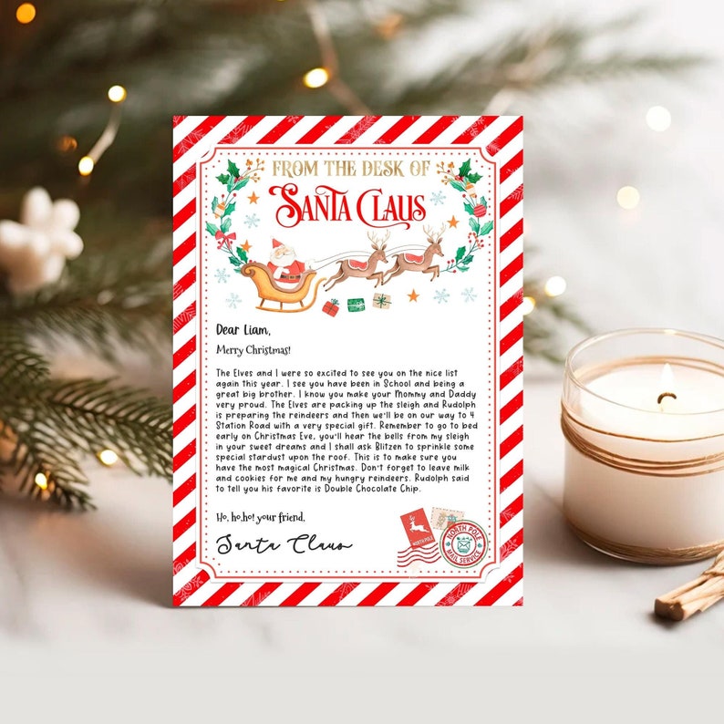 May include: A red and white striped letter from Santa Claus to Liam. The letter is addressed "From the Desk of Santa Claus". The letter includes a message from Santa Claus wishing Liam a Merry Christmas and telling him that he is on the nice list. The letter is decorated with a festive border and a picture of Santa Claus in his sleigh.