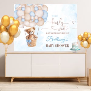 Sfondo per baby shower con orsacchiotto, possiamo aspettare con orso, sfondo personalizzato per baby shower, sfondo digitale, con segno di attesa T101.