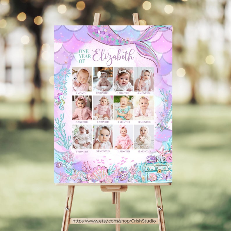 Peut inclure: Une affiche de premier anniversaire sur le th&egrave;me de la sir&egrave;ne avec un collage de photos d'une petite fille de chaque mois de sa premi&egrave;re ann&eacute;e. L'affiche a un fond rose et violet avec une queue de sir&egrave;ne et des coquillages. Le texte "One Year Of Elizabeth" est en haut de l'affiche.