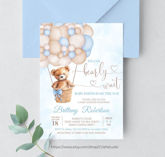 Editable We Can Bearly Wait Baby Shower Invitation Teddy Bear Hot Air Balloon Bear Theme Invites Template Instant Download, T101