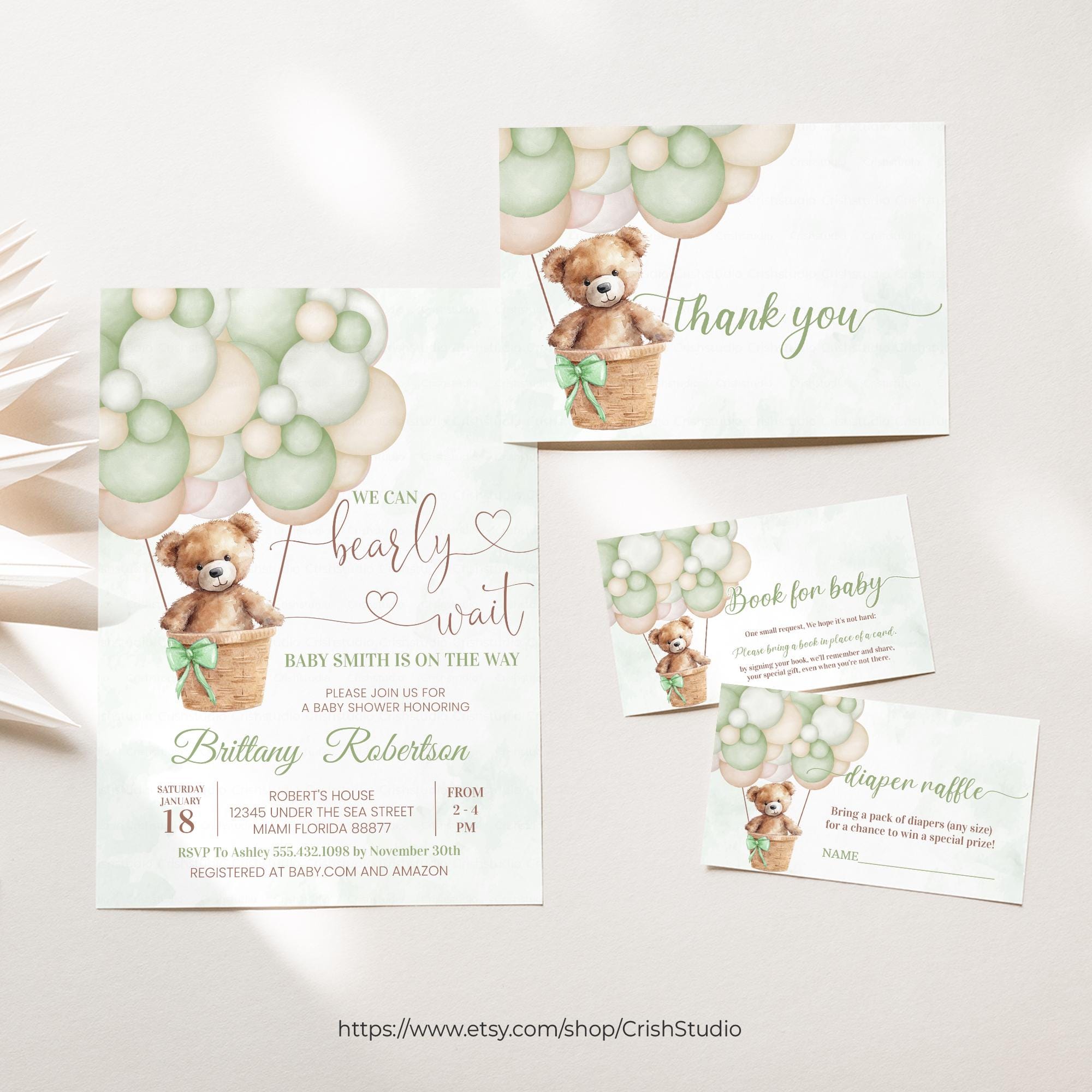 Editable We Can Bearly Wait Baby Shower Invitation Teddy Bear Sage Hot ...