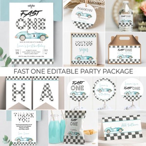 May include: A printable party package for a first birthday with a race car theme. The package includes invitations, thank you cards, food labels, a banner, and a sign. The design features a blue and white race car with a checkered flag pattern.