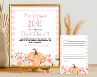 Op de afbeelding: Een printbaar tijdcapsule-bord met roze en witte strepen, een pompoen en bloemen. Het bord zegt "Time Capsule 2041 To Be Opened When Elizabeth Turns 18".