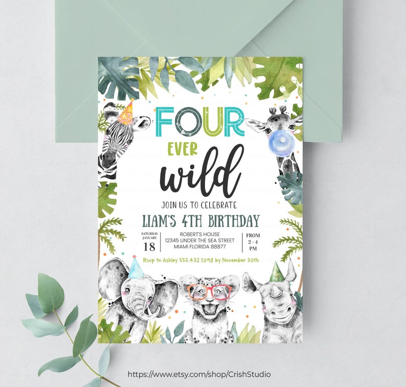 EDITABLE Four Ever Wild Birthday Invitation Four Year Old Boy Etsy
