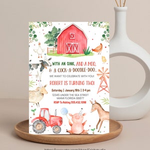 May include: A red barn with a white X on the side, surrounded by farm animals including a cow, pig, chicken, and a goose. The text reads "WITH AN OINK, AND A MOO, & A COCK-A-DOODLE-DOO... WE WANT TO CELEBRATE WITH YOU! ROBERT IS TURNING TWO! Saturday | January 18th | 2-4 pm 12345 UNDER THE SEA STREET MIAMI FLORIDA 88877 RSVP To Ashley 555.432.1098 https://www.etsy.com/shop/Crishstudio"