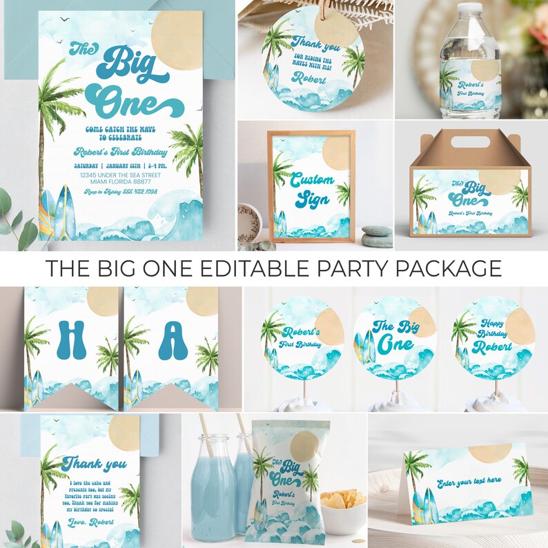 Op de afbeelding: Een set printbare feestversieringen voor een eerste verjaardag met een strandthema. De versieringen hebben een blauw en groen kleurenschema met palmbomen, surfplanken en golven. De tekst op de versieringen zegt "The Big One" en "Robert's First Birthday".
