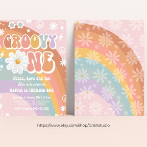 Editable Groovy ONE Birthday Invitation Pink Daisy Rainbow Groovy Van ...
