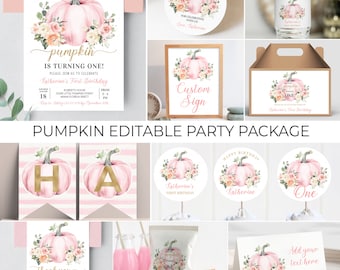 May include: A printable party package for a first birthday with a pumpkin theme. The package includes invitations, thank you cards, food labels, water bottle labels, a sign, and banners. The design features a pink and white colour scheme with a watercolour pumpkin and floral accents.