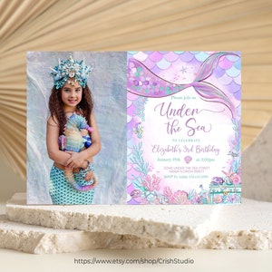 Bajo la invitación de cumpleaños de sirena del mar Invitación de sirenita editable Invitación de cumpleaños de sirena Cola de sirena bajo el mar M304