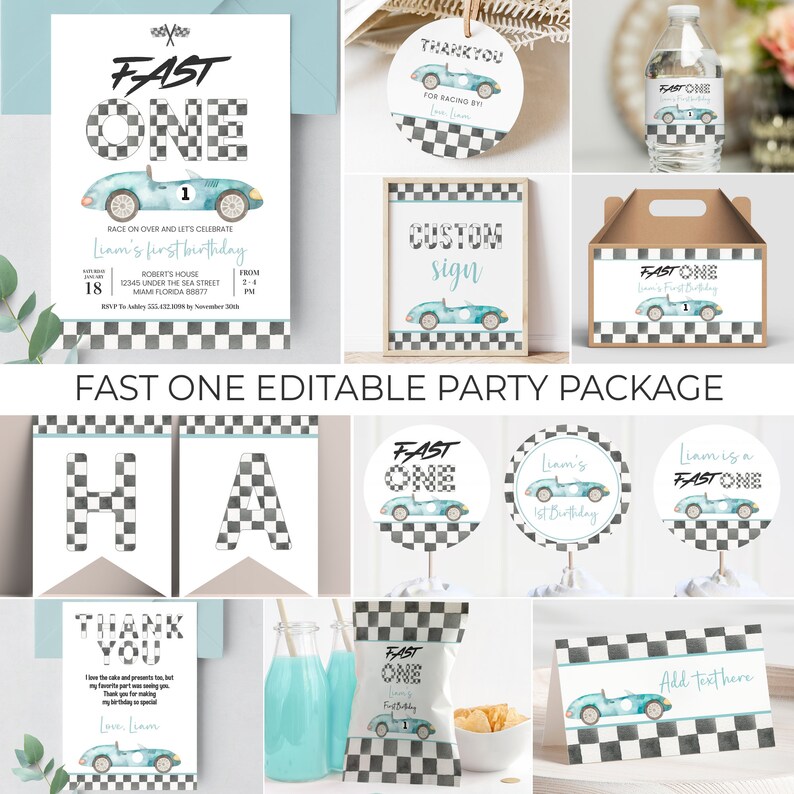 Peut inclure: Un ensemble de f&ecirc;te imprimable pour un premier anniversaire sur le th&egrave;me des voitures de course. L'ensemble comprend des invitations, des cartes de remerciement, des &eacute;tiquettes alimentaires, une banni&egrave;re et une pancarte. Le design pr&eacute;sente une voiture de course bleue et blanche avec un motif de drapeau &agrave; damier.