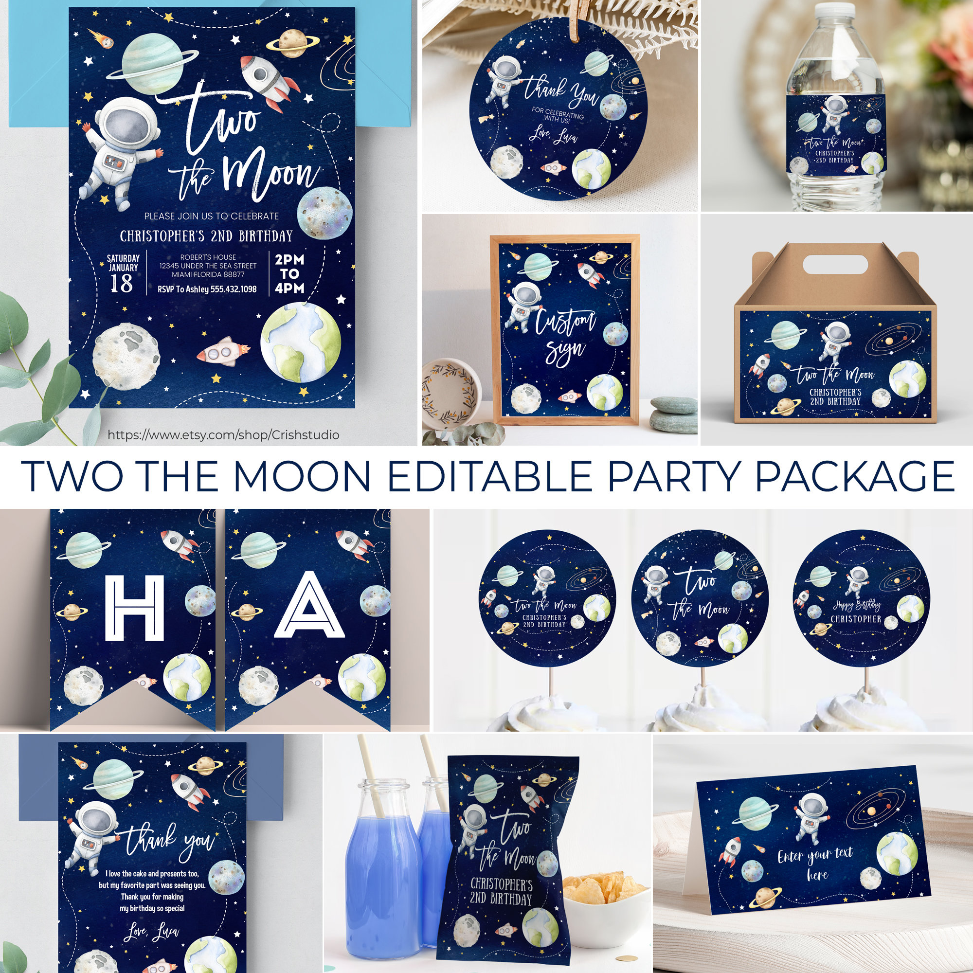 EDITABLE Two The Moon Birthday Package Two The Moon Party Birthday Decorations 2nd birthday Space Birthday  Birthday Boy TM01