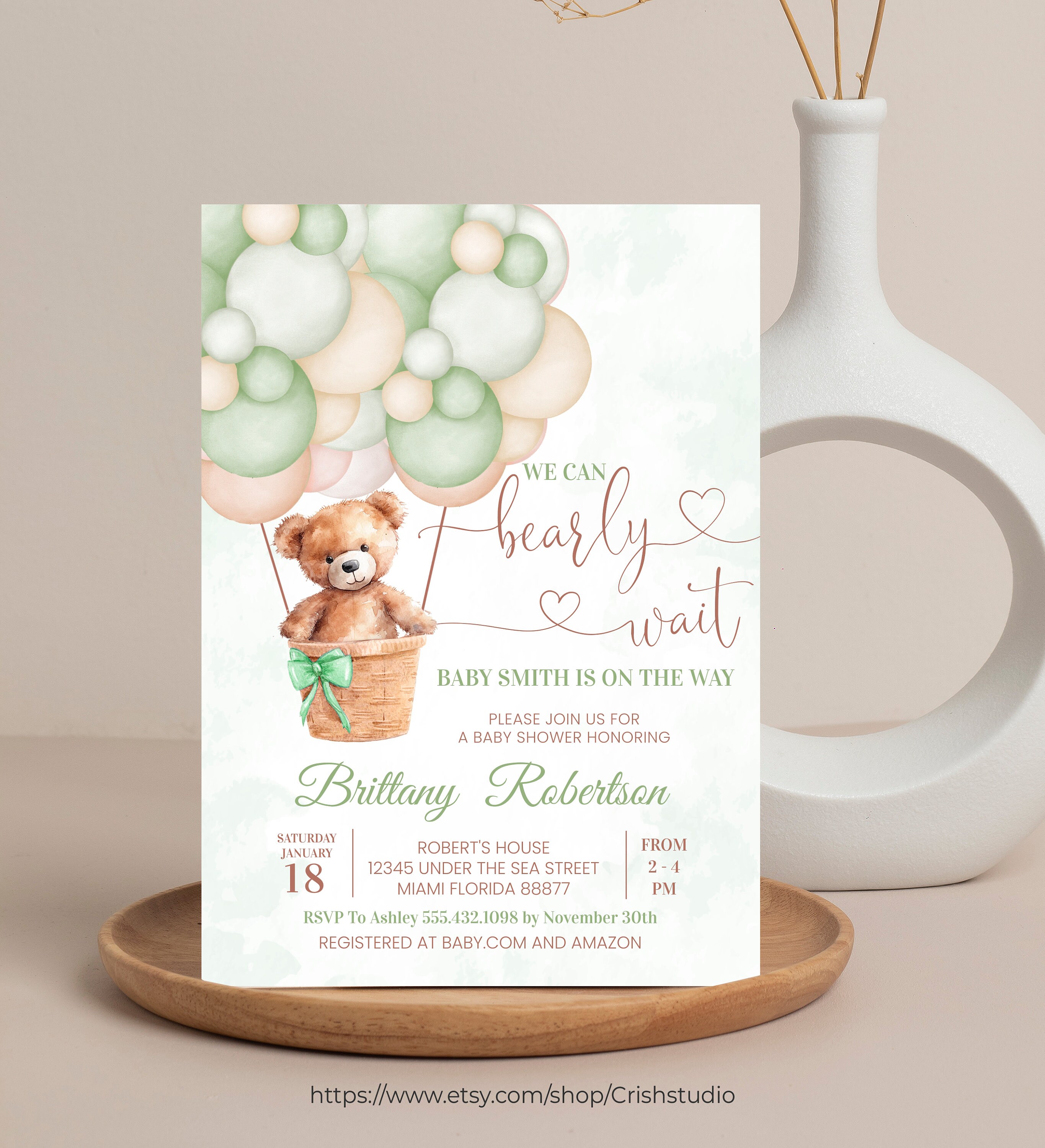 Editable We Can Bearly Wait Baby Shower Invitation Teddy Bear Sage Hot ...