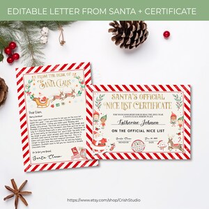 Könnte beinhalten: Bearbeitbarer druckbarer Brief und Zertifikat vom Weihnachtsmann. Der Brief ist auf rot-weiß gestreiftem Papier mit einem festlichen Rand geschrieben. Das Zertifikat ist rot-weiß gestreift mit einem goldenen Rand. Der Text auf dem Zertifikat lautet "Offizielles Weihnachtsmann-Nett-Listen-Zertifikat".