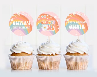 EDITABLE Groovy ONE Cupcake Toppers First Birthday Groovy Party Birthday Cake Topper Groovy Baby Groovy Party Decor G101