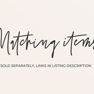 Op de afbeelding: De tekst "Matching items" in zwarte schrijfletters op een witte achtergrond. De tekst luidt "Matching items" en "Apart verkocht, links in de productbeschrijving."