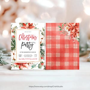 May include: A Christmas party invitation with a red and white plaid background and a watercolor floral design. The invitation text reads "Join us for a Christmas Party at the Robertson's House".