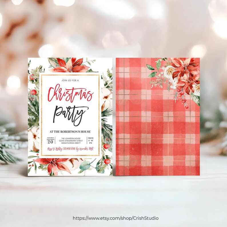 May include: A Christmas party invitation with a red and white plaid background and a watercolor floral design. The invitation text reads "Join us for a Christmas Party at the Robertson's House".