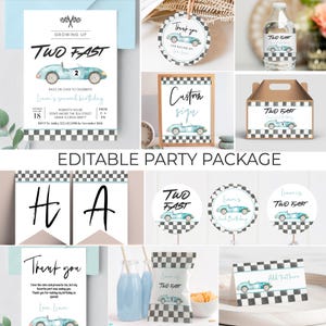 May include: Editable party package for a second birthday with a racing car theme. The package includes invitations, thank you cards, food labels, water bottle labels, a sign, and banners. The design features a blue and white checkered pattern, a blue race car, and the text "Two Fast".
