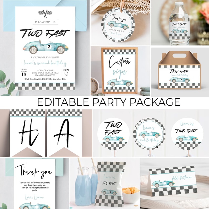May include: Editable party package for a second birthday with a racing car theme. The package includes invitations, thank you cards, food labels, water bottle labels, a sign, and banners. The design features a blue and white checkered pattern, a blue race car, and the text "Two Fast".