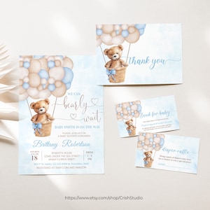 Ensemble baby shower modifiable We Can Bearly Wait Ensemble baby shower éditable garçon, livres pour baby shower pour couches de bébé, tombola, ours en peluche, montgolfière T101