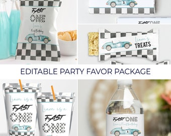 May include: Editable party favour package with a racing car theme. Includes a black and white chequered snack bag, a water bottle label, a juice pouch label, a candy bar wrapper, and a treat bag. The labels feature a blue race car with the text "Fast One" and "Liam's First Birthday".