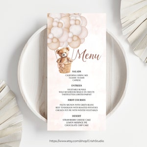EDYTOWALNY Szablon menu na baby shower dla niedźwiedzia Dekoracje na baby shower Bez względu na płeć T103