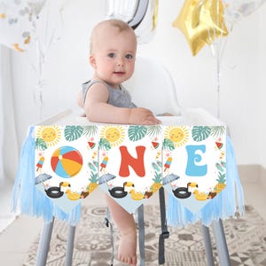 Editable One In The Sun Pool One High Chair Banner Birthday High Chair Banner Pool Party Decor Pool Party With Watercolors For Boy POL104
