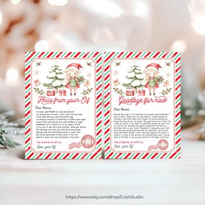 May include: Two printable Christmas elf letters with red and green striped backgrounds. The letters are addressed to Olivia and feature a watercolour illustration of a Christmas elf wearing a red hat and a green dress. The first letter says "Hello from your Elf" and the second letter says "Goodbye for now".