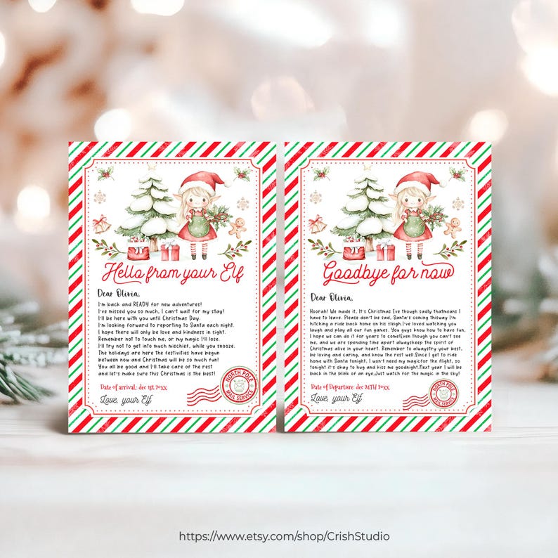 May include: Two printable Christmas elf letters with red and green striped backgrounds. The letters are addressed to Olivia and feature a watercolour illustration of a Christmas elf wearing a red hat and a green dress. The first letter says "Hello from your Elf" and the second letter says "Goodbye for now".
