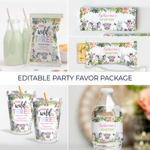 May include: Editable party favor package with a jungle animal theme. The package includes juice boxes, water bottles, and snack bags with labels featuring a pink and green jungle scene with animals wearing party hats. The labels say "Young Wild & Three" and "Katherine's 3rd Birthday".